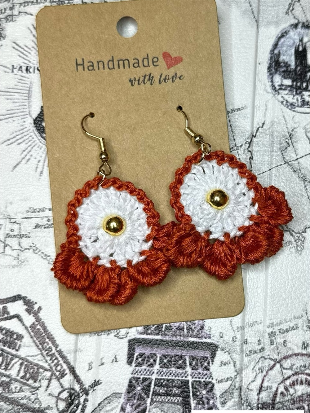 Handmade White & Orange Crochet Flower Earrings with Gold Accent